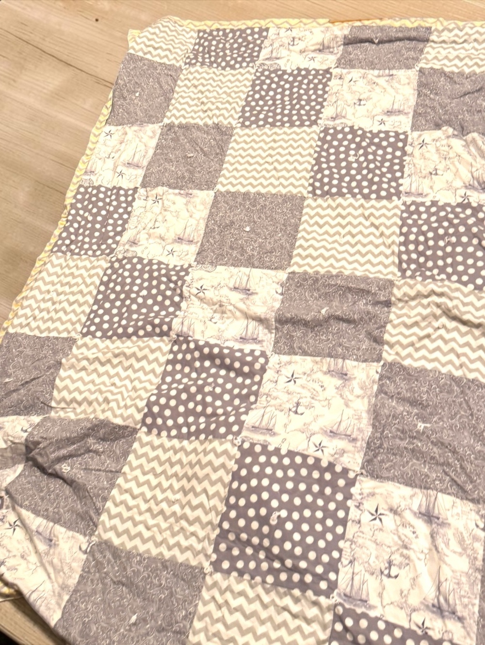 Handmade Nautical Patchwork Quilt Gray Yellow Coastal Baby Toddler Blanket 40x60